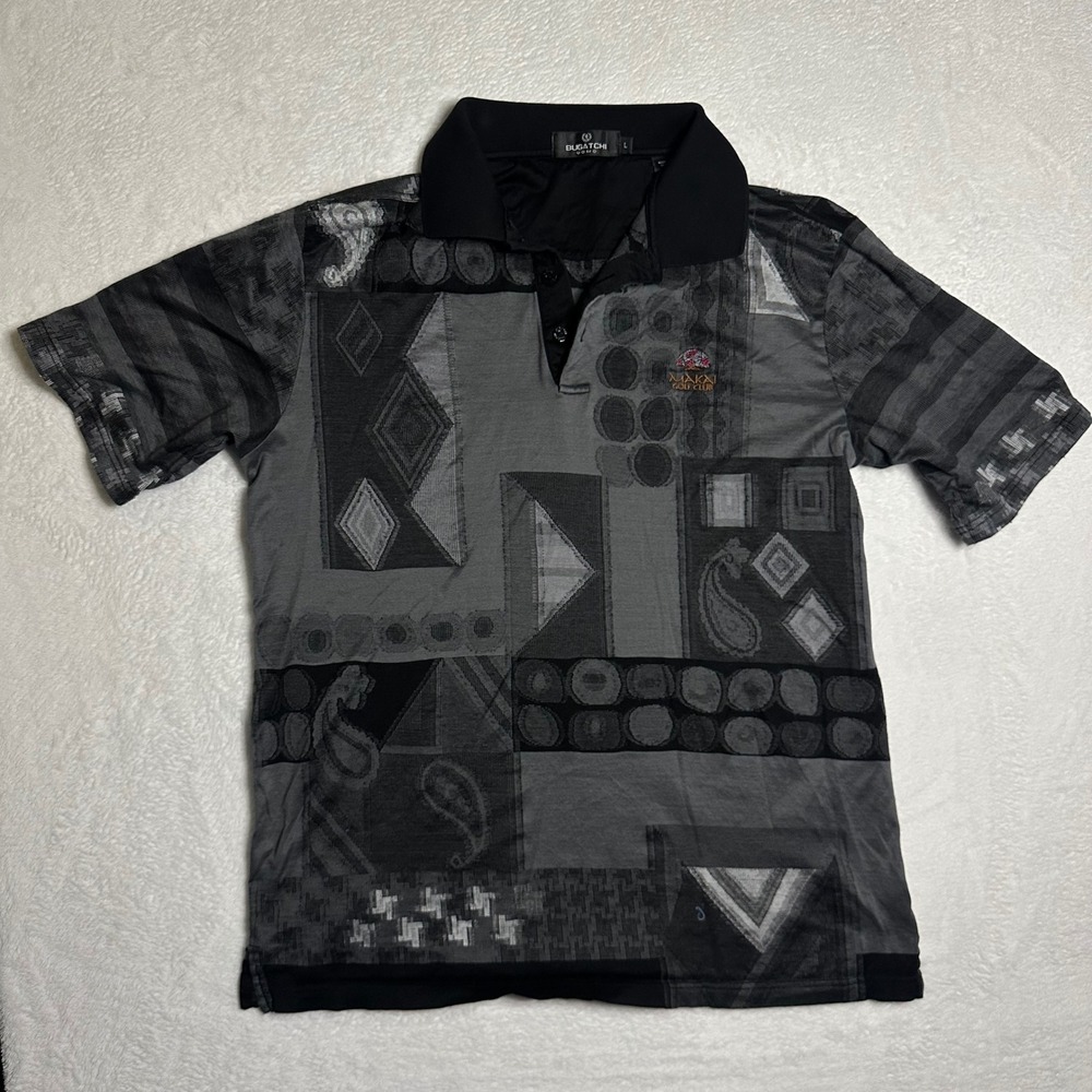 Bugatchi Uomo Mens Large Gray Black Abstract Paisley Makai Golf Club Polo Shirt